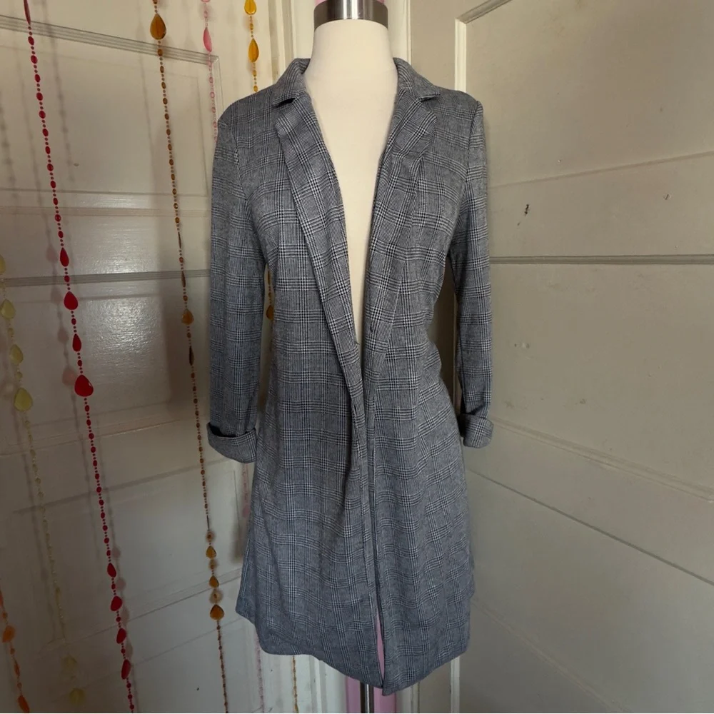 Iris Gray Plaid Longline Open Front Blazer Jacket Career Size M
